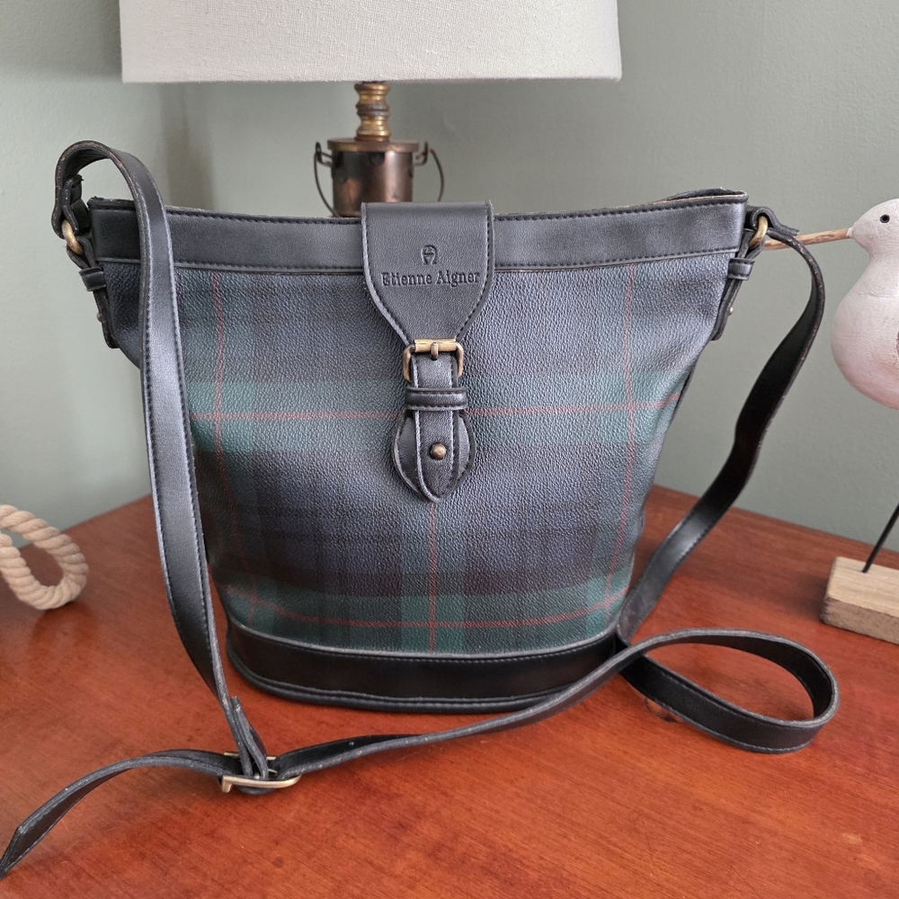 Etienne Aigner Plaid Tartan Blue Green Bucket Crossbody Bag Vintage